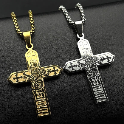 Collier icône Vierge Marie et Enfant Jésus avec croix – bijou catholique unisexe