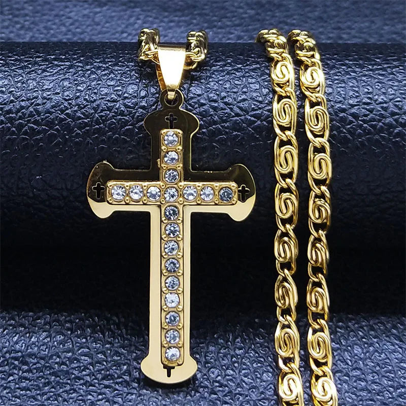 Collier catholique doré avec pendentif croix en cristal – Acier inoxydable, femme et homme