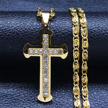 Collier catholique doré avec pendentif croix en cristal – Acier inoxydable, femme et homme