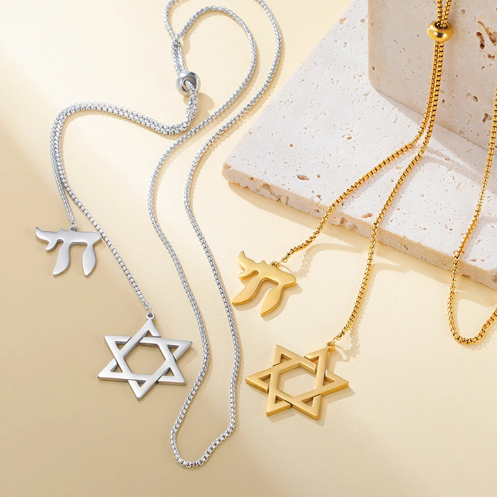 Long Star of David and Chai Pendant Necklace – Stainless Steel Jewish Jewelry