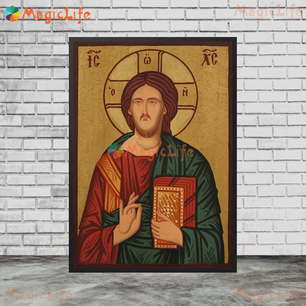 Icône religieuse du Christ Pantocrator – Tableau orthodoxe sur toile sans cadre pour église et décoration murale