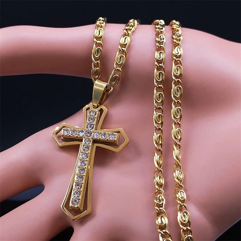 Collier catholique doré avec pendentif croix en cristal – Acier inoxydable, femme et homme