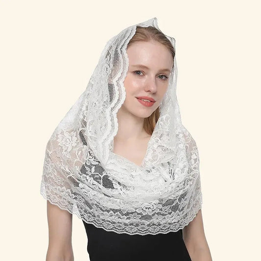 Foulard voile femme en dentelle brodée – châle d’église et mariage 53×55 cm
