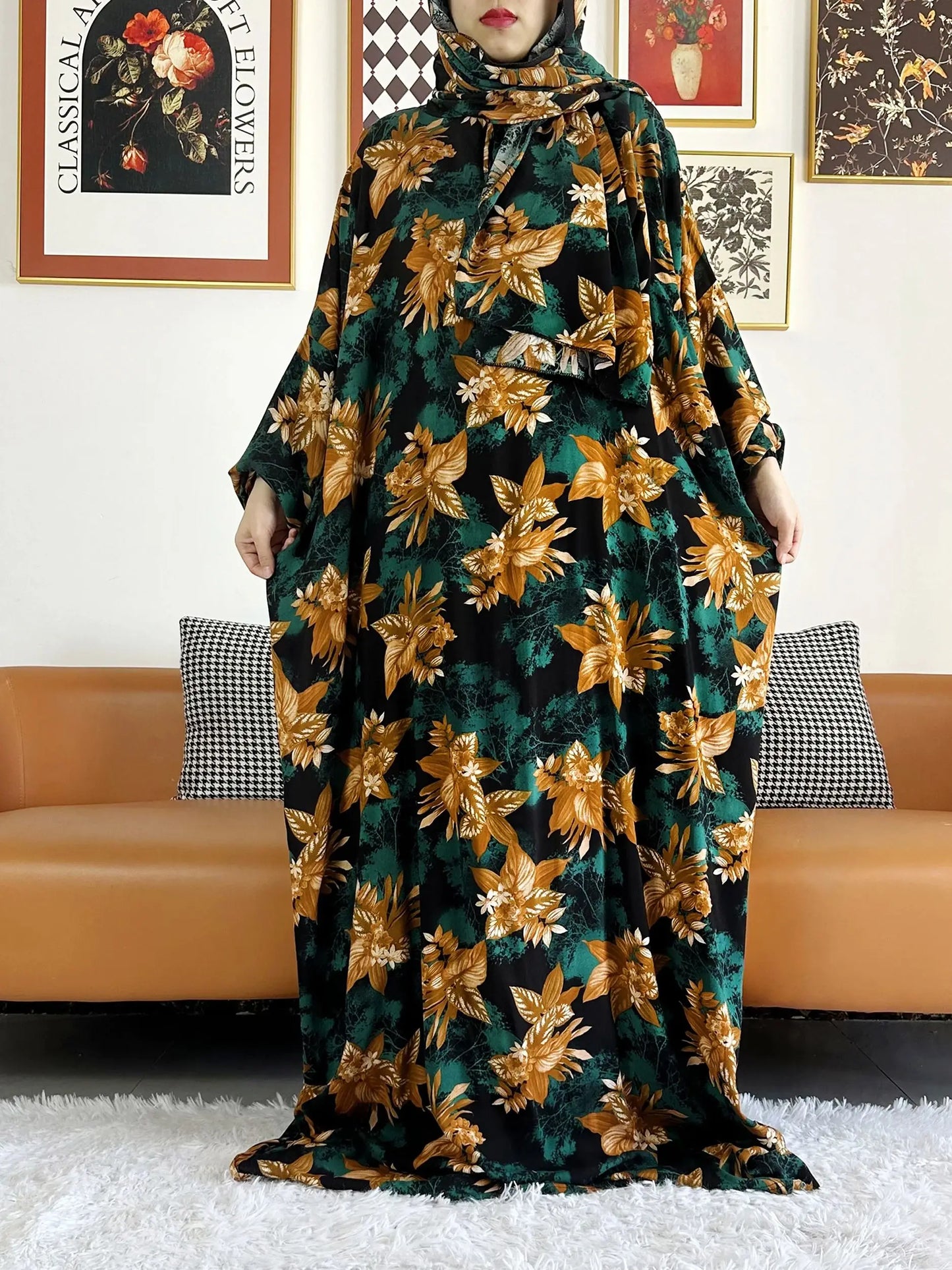 Abaya longue 6XL en coton avec hijab intégré – Robe de prière Ramadan