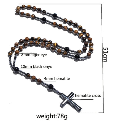Collier Chapelet en Oeil de Tigre & Agate Noire – Croix Hématite pour Méditation & Foi