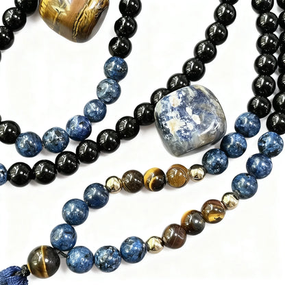 Collier Mala 108 Perles Œil de Tigre & Onyx Noir – 8 mm Unisexe
