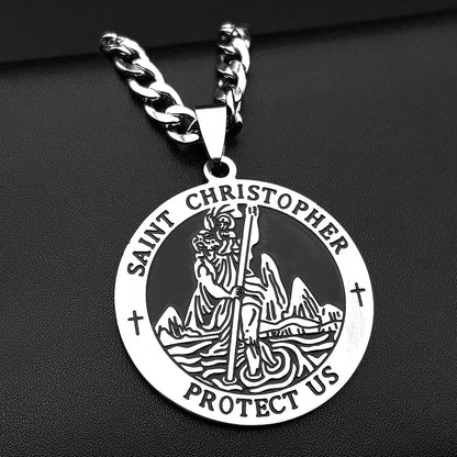 Collier médaille Saint Christophe Protect Us – bijou religieux en acier inoxydable