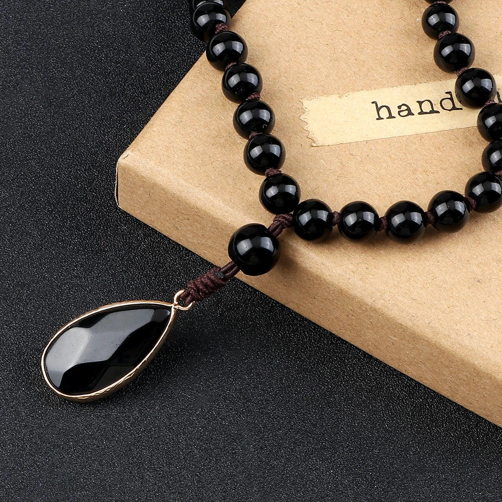 Matte black onyx bead necklace with drop pendant - unisex meditation jewelry