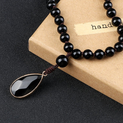 Matte black onyx bead necklace with drop pendant - unisex meditation jewelry
