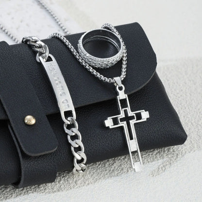 Parure Croix 3 Pièces en Acier Inoxydable – Collier, Bracelet & Bague