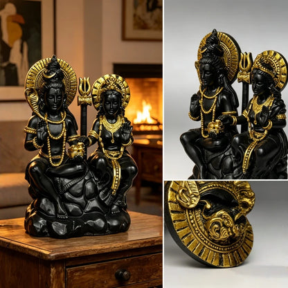Statue Shiva & Parvati noire et dorée – Décoration hindoue en résine