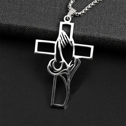 Collier croix main de prière en acier inoxydable – bijou chrétien unisexe