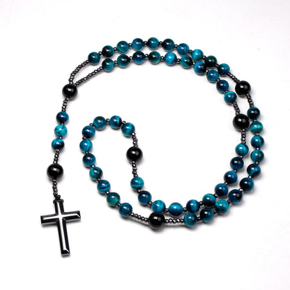 Collier chapelet catholique en œil-de-tigre bleu, onyx et croix en hématite – modèle homme