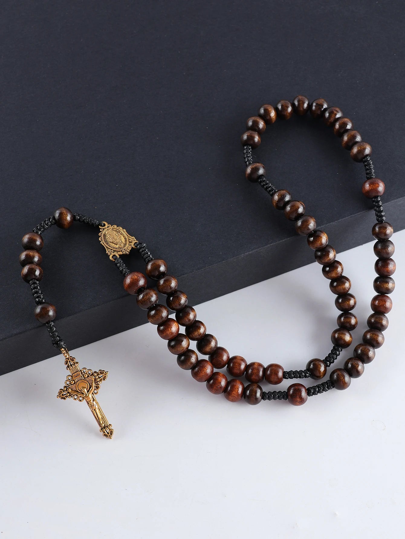Collier Chapelet Catholique Vintage en Bois – 59 Perles 10 mm avec Croix, Fait Main