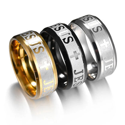 Bague Unisexe en Acier Inoxydable – Croix de Jésus & Lettres Bibliques Gravées