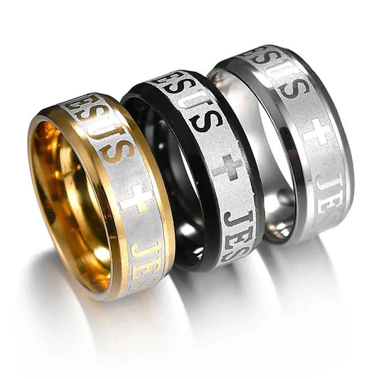 Bague Unisexe en Acier Inoxydable – Croix de Jésus & Lettres Bibliques Gravées