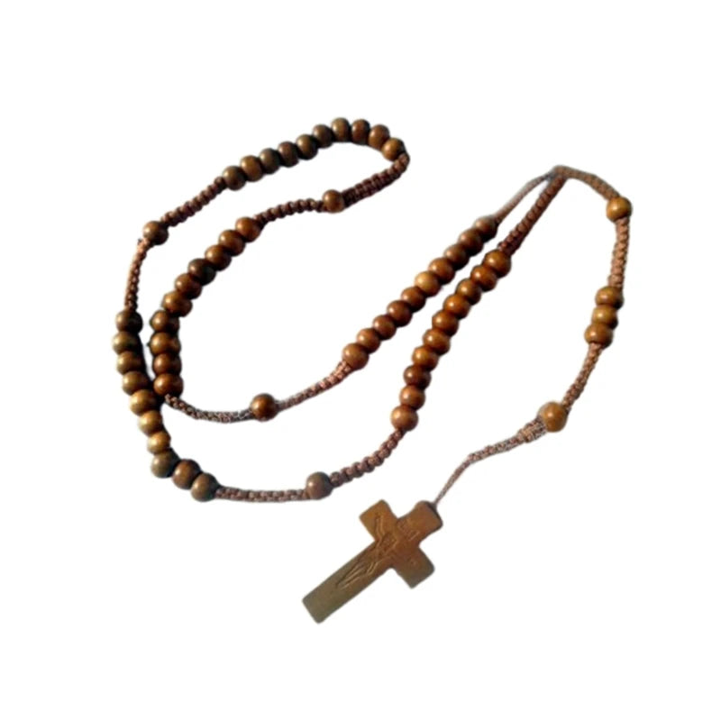 Collier chapelet en perles de bois avec croix – décoration religieuse