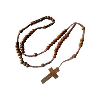 Collier chapelet en perles de bois avec croix – décoration religieuse