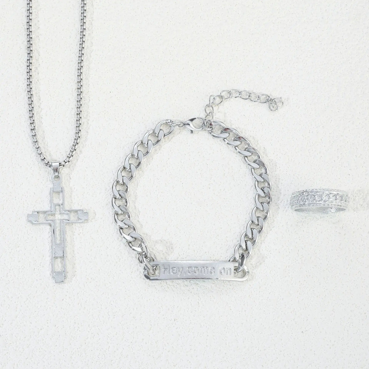 Parure Croix 3 Pièces en Acier Inoxydable – Collier, Bracelet & Bague