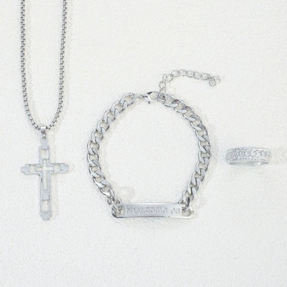 Parure Croix 3 Pièces en Acier Inoxydable – Collier, Bracelet & Bague