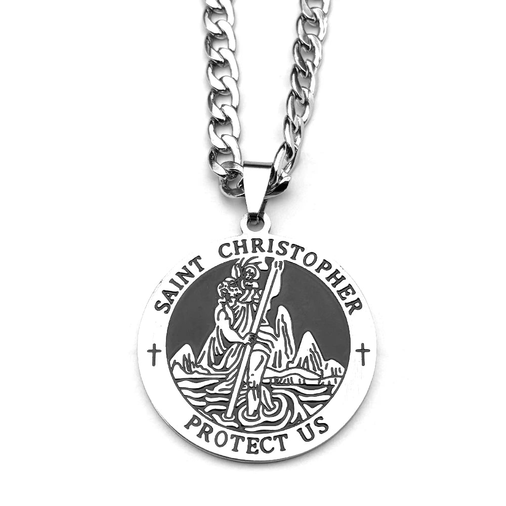 Collier médaille Saint Christophe Protect Us – bijou religieux en acier inoxydable