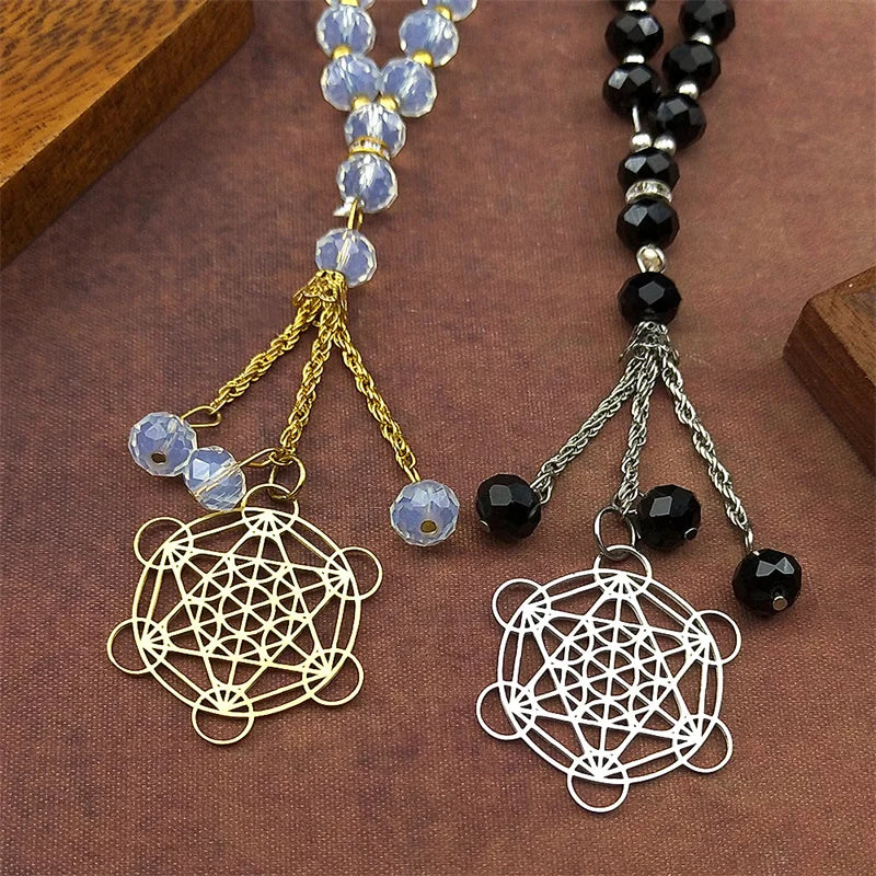 Pendentif Spirituel Fleur de Vie & Cube de Métatron en Acier Inoxydable – Géométrie Sacrée Chakra Protection Énergétique pour Voiture & Porte-Clés