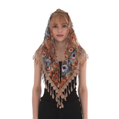 Voile mantille catholique femme en dentelle brodée – châle de prière, église et mariage