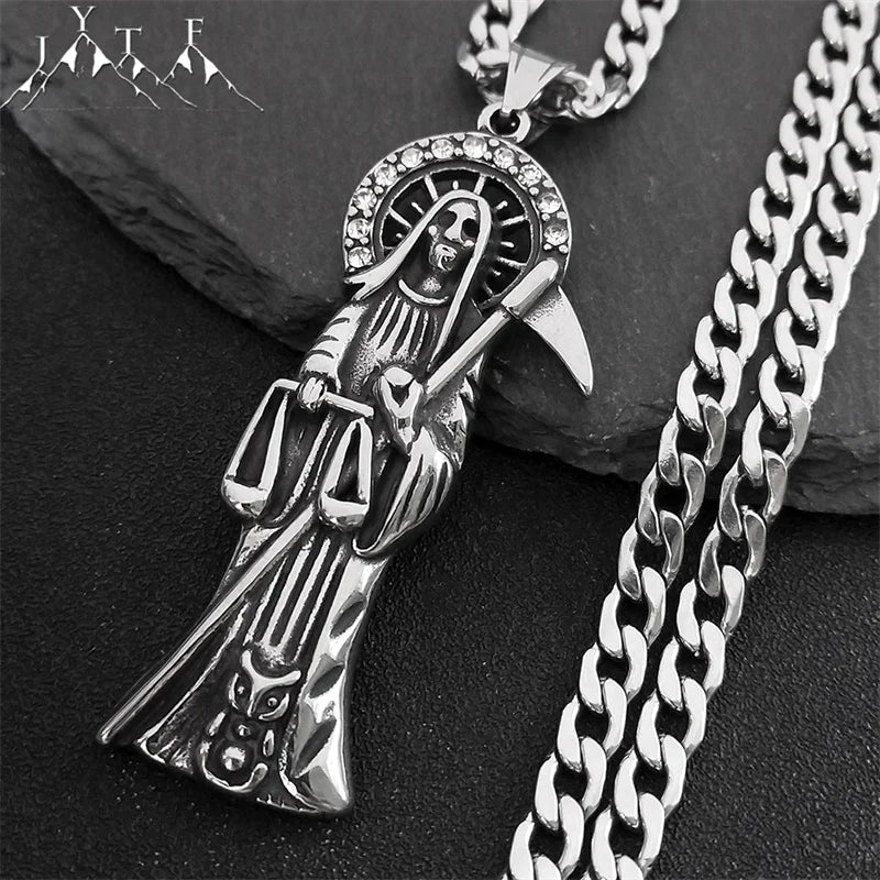 Collier Santa Muerte homme en acier inoxydable – pendentif faucheuse argenté