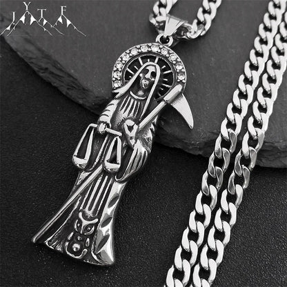 Collier Santa Muerte homme en acier inoxydable – pendentif faucheuse argenté
