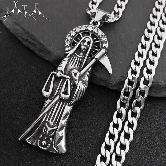 Collier Santa Muerte homme en acier inoxydable – pendentif faucheuse argenté