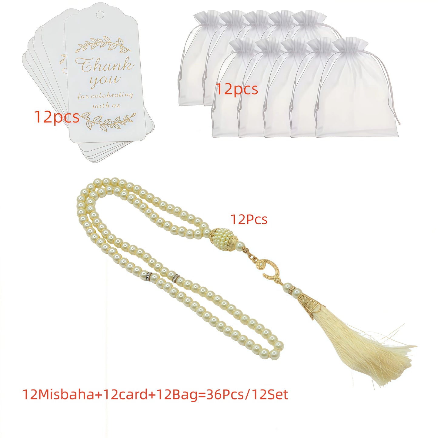 Lot de 12 Tasbih Musulmans 99 Perles avec Pompon – Chapelets de Prière Ramadan & Eid