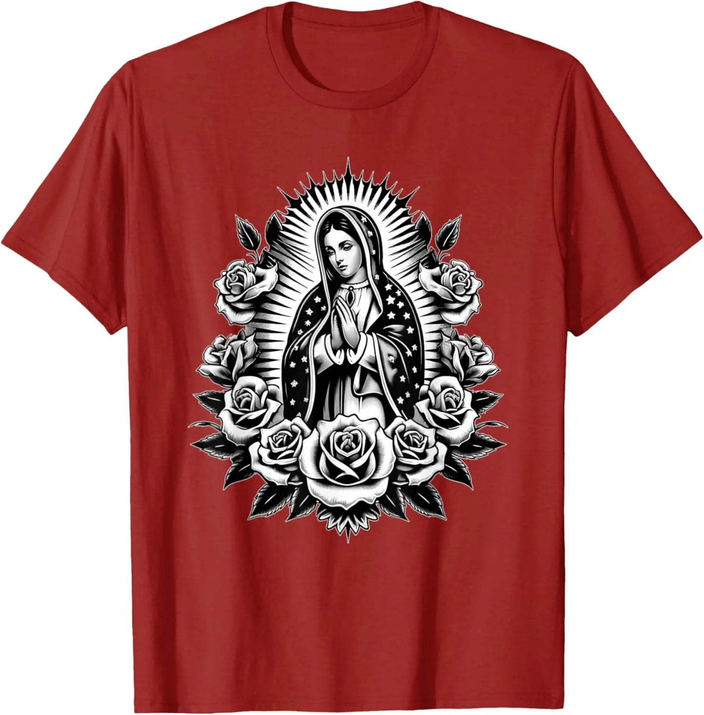 T-shirt Vierge de Guadalupe et roses – imprimé catholique floral pour homme