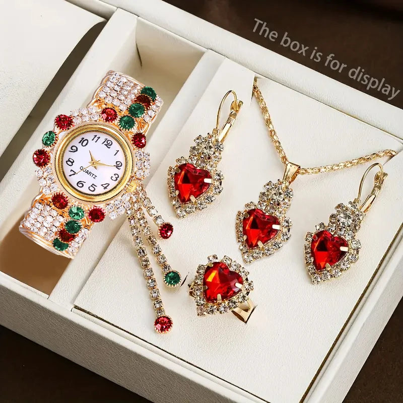 Coffret Montre Femme Strass 5 Pièces – Montre Quartz & Bijoux