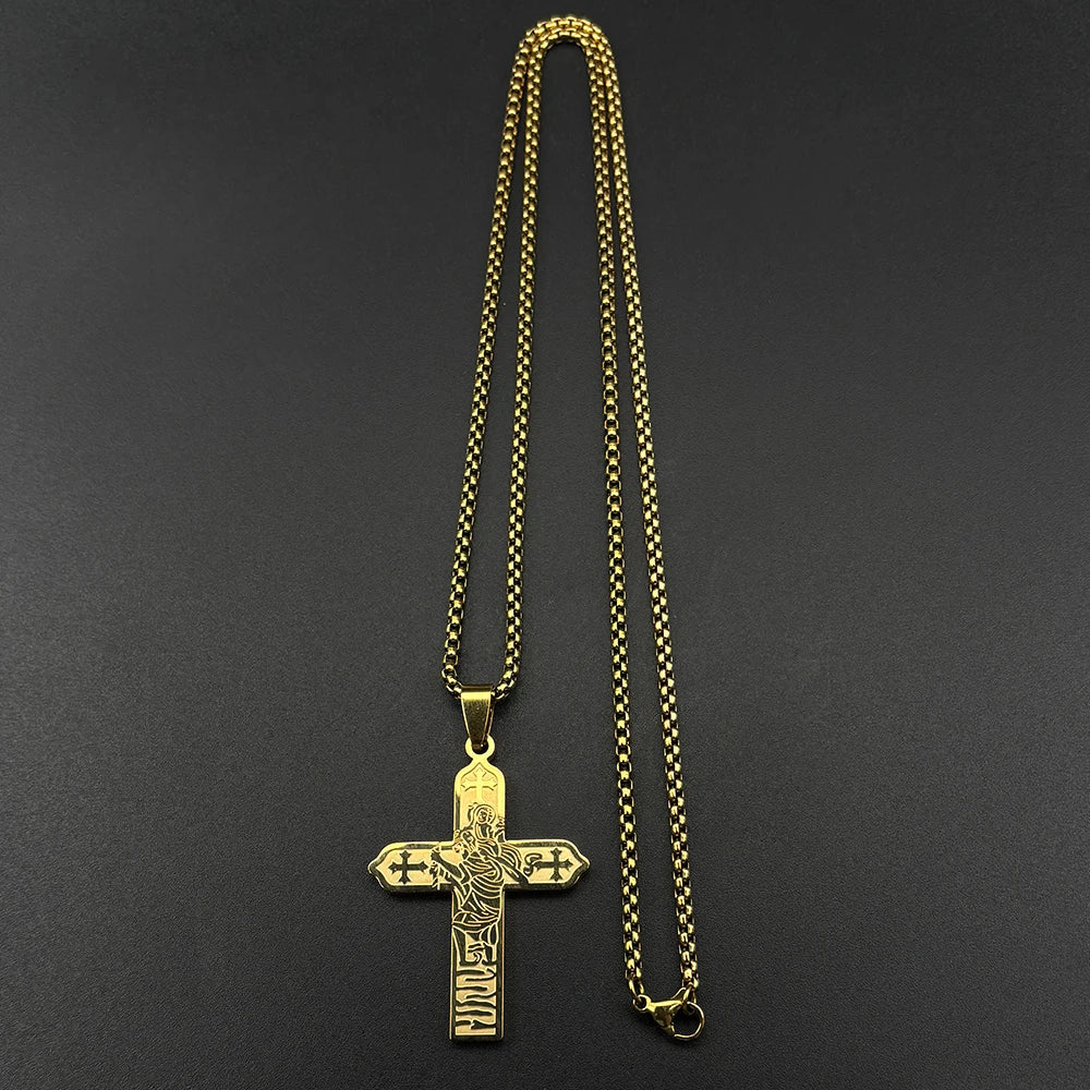 Collier icône Vierge Marie et Enfant Jésus avec croix – bijou catholique unisexe