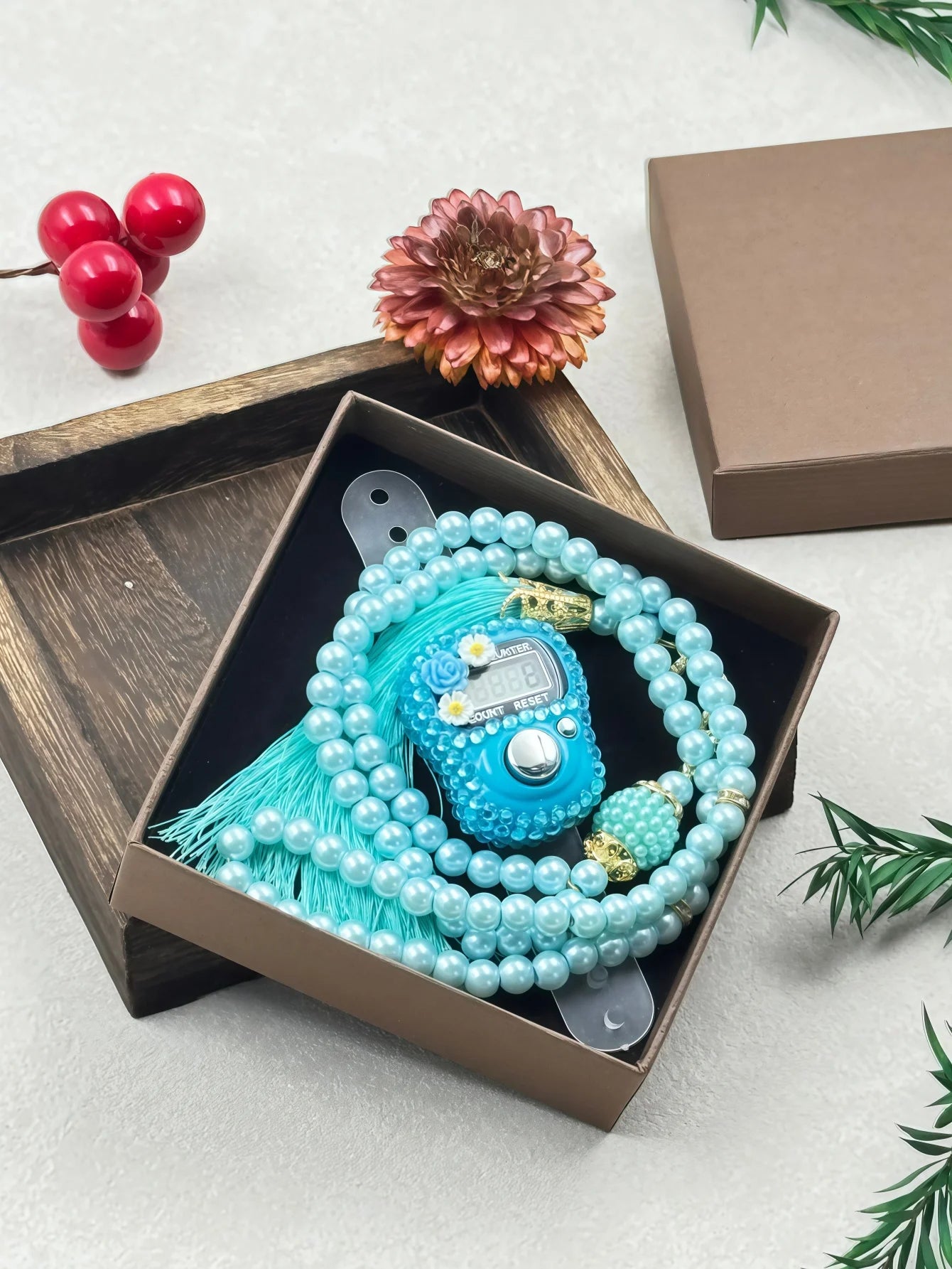 Compteur 99 perles imitation nacrées avec fleurs diamantées – Coffret cadeau élégant