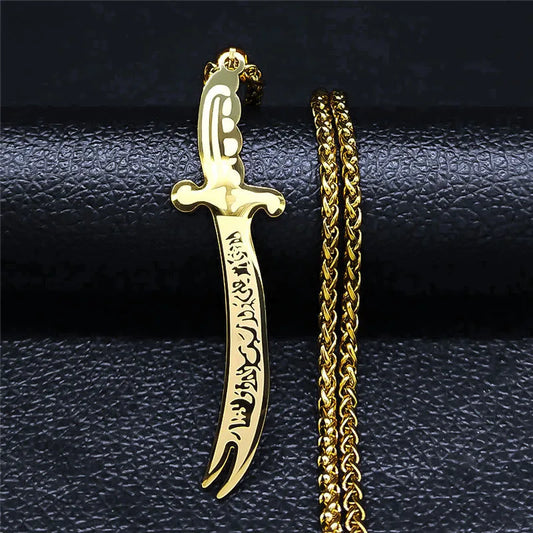 Collier sabre islamique en acier inoxydable doré – pendentif pour homme