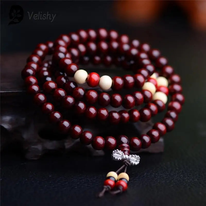 Mala 108 perles en santal naturel – bracelet de prière bouddhiste unisexe