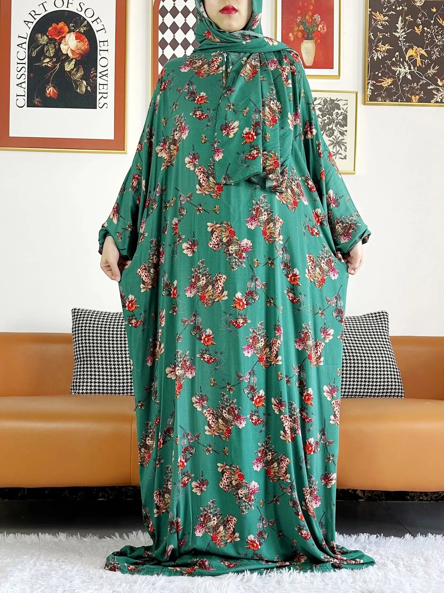 Abaya longue 6XL en coton avec hijab intégré – Robe de prière Ramadan