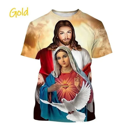 T-Shirt Vierge Marie & Jésus – Impression 3D, Unisexe, Oversize