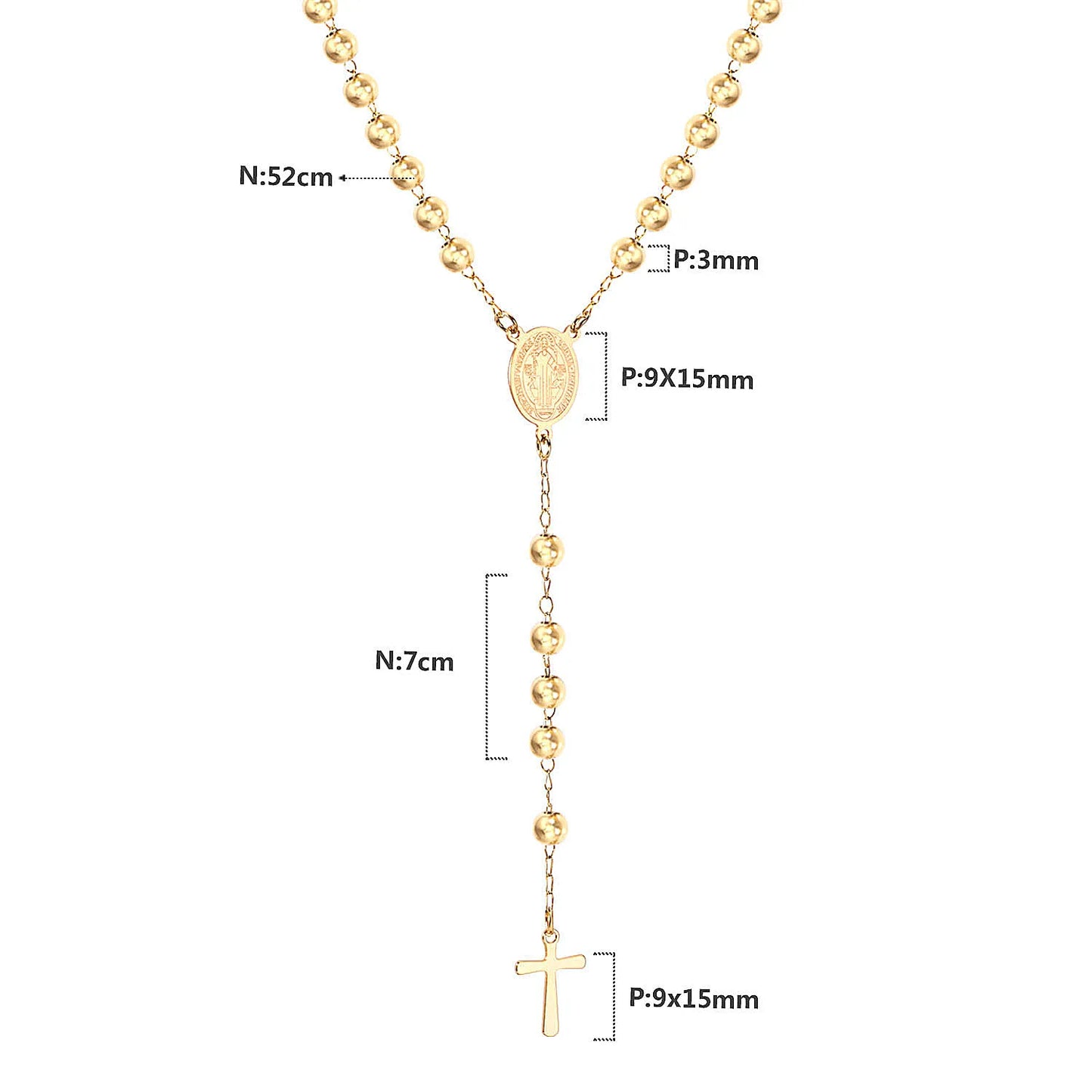 Collier Rosaire Catholique Doré en Acier Inoxydable – Pendentif Croix de Prière