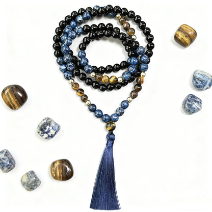 Collier Mala 108 Perles Œil de Tigre & Onyx Noir – 8 mm Unisexe