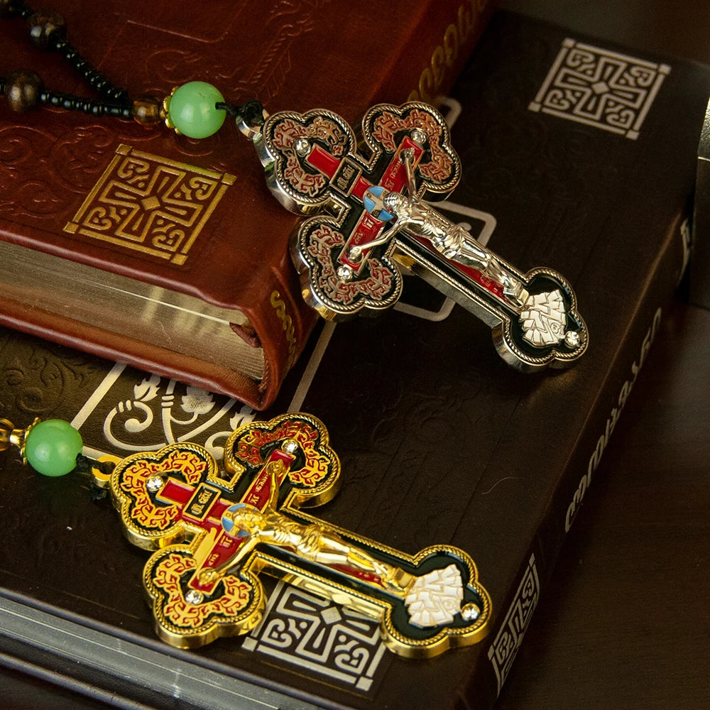Collier crucifix orthodoxe en bois avec chapelet – bijou religieux