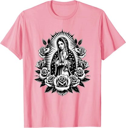 T-shirt Vierge de Guadalupe et roses – imprimé catholique floral pour homme