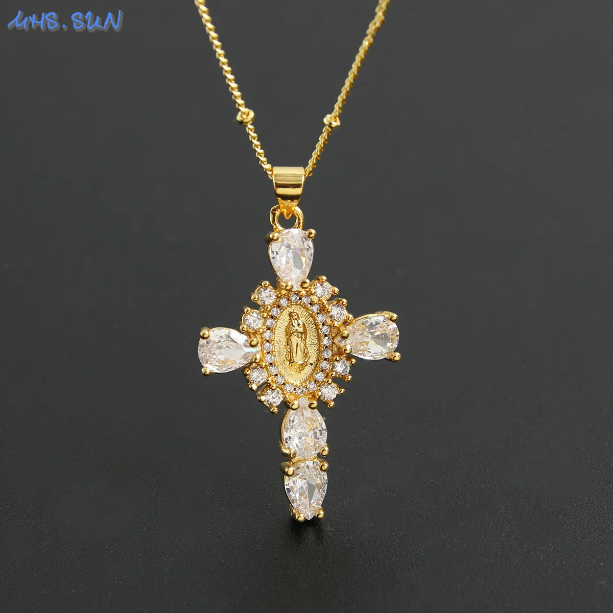 Virgin of Guadalupe Cross Necklace with Zircon – Unisex Catholic Jewelry