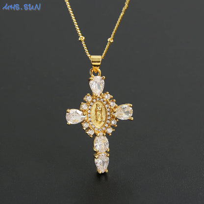 Virgin of Guadalupe Cross Necklace with Zircon – Unisex Catholic Jewelry