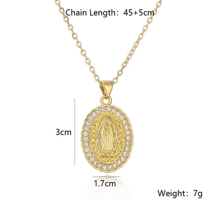 NEWBUY Hochwertiger Damenschmuck religiöser Art aus Kupfer mit Zirkonia-Einlage, Jungfrau-Maria-Anhänger, Edelstahlhalskette