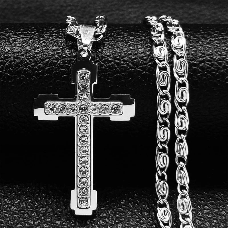 Collier catholique doré avec pendentif croix en cristal – Acier inoxydable, femme et homme