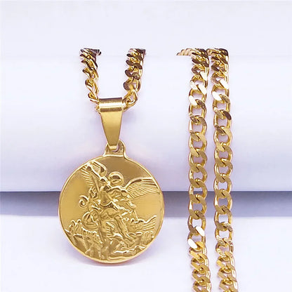 Collier Archange Saint Michel Doré – Pendentif Spirituel de Protection en Acier Inoxydable pour Homme et Femme