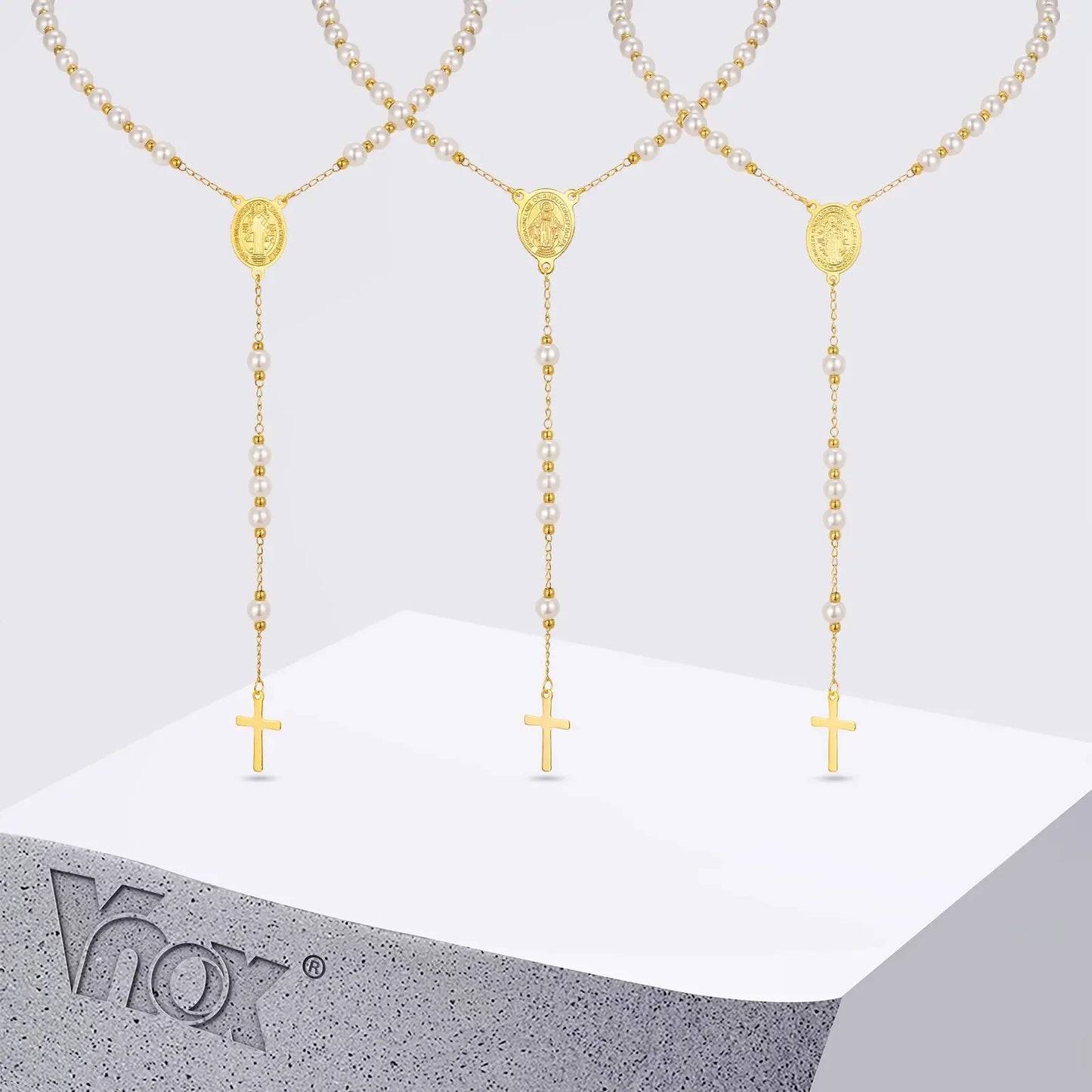 Rosenkranz-Halskette mit Perlen und Jungfrau Maria mit Kreuz – religiöser Schmuck für Damen