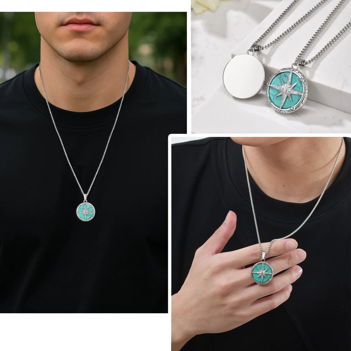 Collier Pendentif Pierre Turquoise & Boussole – Acier Inoxydable Homme